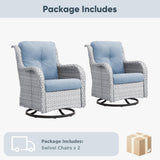 Set of two Belord wicker swivel glider chairs with 5-inch cushions, suitable for patio conversations, supports 300 lbs each.
