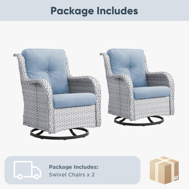 Set of two Belord wicker swivel glider chairs with 5-inch cushions, suitable for patio conversations, supports 300 lbs each.