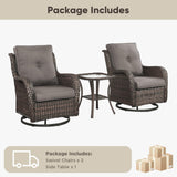 Belord 3-piece outdoor wicker swivel glider set with two chairs and a side table, ideal for patio conversation and relaxing outdoors.