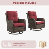 Pair of Belord wicker swivel glider chairs with 360° rotation, 5-inch cushions, suitable for patio conversation sets.