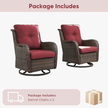 Pair of Belord wicker swivel glider chairs with 360° rotation, 5-inch cushions, suitable for patio conversation sets.