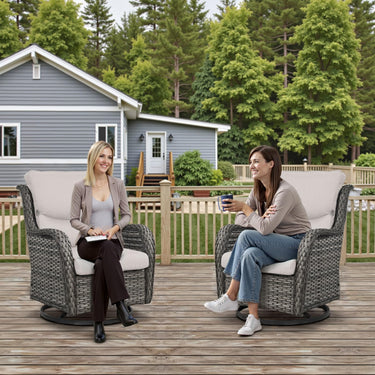 Pair of Belord swivel patio chairs with 360° rotation and 5-inch cushions, part of the NTC Series, shown with outdoor setting.