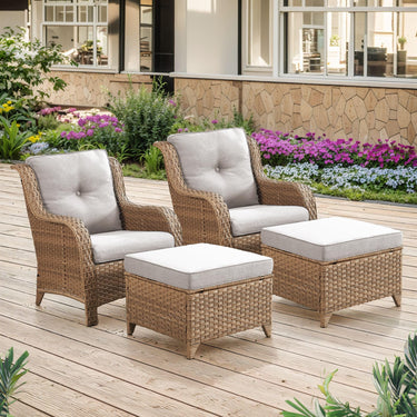 Belord 2-piece patio wicker chairs set with 4-inch cushions, part of NTC Series, showing woven wicker chairs with plush cushions.
