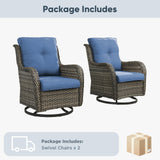 Pair of Belord wicker swivel glider chairs with 360° rotation, 5-inch cushions, suitable for patio conversation sets.