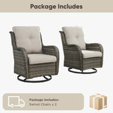 Pair of Belord wicker swivel glider chairs with 5-inch cushions, part of a patio conversation set, featuring 360-degree rotation.