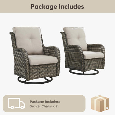 Pair of Belord wicker swivel glider chairs with 5-inch cushions, part of a patio conversation set, featuring 360-degree rotation.