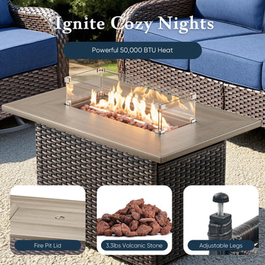 Belord 7-piece fire pit patio set with four swivel rocker chairs and tables, featuring a modern fire table design for outdoor gatherings.