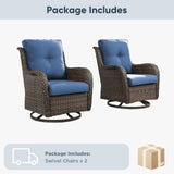 Pair of Belord outdoor wicker swivel glider chairs with thick cushions, all-weather PE wicker, ideal for patio conversations.