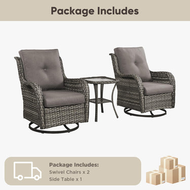 Belord 3-piece outdoor wicker swivel glider patio set with two chairs and side table, perfect for outdoor conversation and relaxation.
