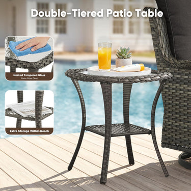Belord 3-piece outdoor wicker swivel glider set with two chairs and side table, perfect for patio conversation and outdoor relaxation.