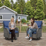 Pair of Belord patio swivel chairs with 360° rotation and 5-inch cushions, part of the NTC Series, shown outdoors.