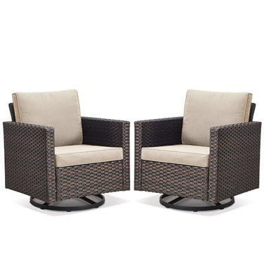 Pair of Belord wicker swivel glider chairs in natural finish, 18.5-inch backrest, sturdy design, GRS Series for comfortable outdoor seating.