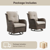 Pair of Belord wicker swivel glider chairs with 5-inch cushions, designed for patio conversation, sturdy up to 300 lbs.