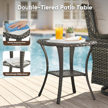 Belord 3-piece outdoor wicker swivel glider set with two chairs and side table, perfect for patio conversation and relaxation.