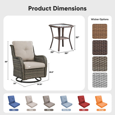 Belord 3-piece outdoor wicker swivel glider set with two chairs and side table for patio conversation and relaxation.
