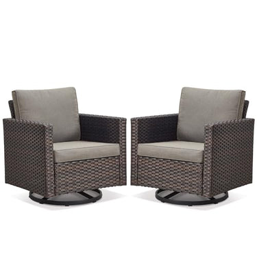 Pair of Belord wicker swivel glider chairs from the GRS Series, 18.5-inch high backs and 350 lb weight capacity.